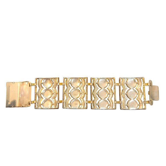 Vintage Gold White Enamel Link Bracelet Retro Geometric Design Bold Statement - Picture 4 of 7